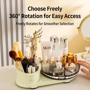 360-degree rotating cosmetic organizer with jewelry tree in light green and gold finish