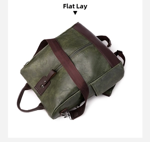 Flat lay showing retro PU leather backpack with two-tone green and brown texture details