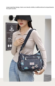 Multi-pocket floral crossbody bag with adjustable strap and waterproof nylon fabric