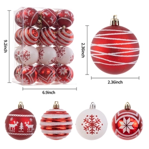 Detailed view of 2.36 inch red and white Christmas balls with snowflake and elk patterns