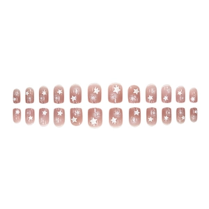 Short square pink gradient press-on nails with white star patterns and glossy finish