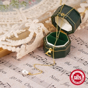 Elegant S925 sterling silver gold Y-necklace with waterdrop pearl and dark green box