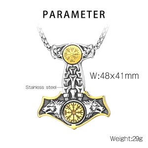 Detailed technical view of Viking Thor hammer pendant with size 48x41mm and weight specifications