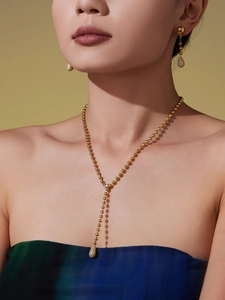 Détail du collier à billes plaqué or 18 carats et boucles d'oreilles zircon sur mannequin