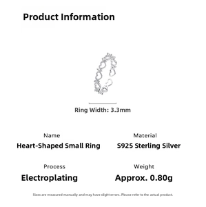 Detailed specs of S925 sterling silver hollow heart ring with 3.3mm width and 0.8g weight