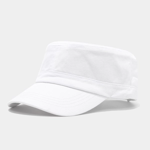 Detail view of white cotton cadet cap showing twill texture and parallel stitching