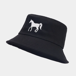 Chapeau bob classique en coton noir avec broderie cheval blanc pour protection solaire