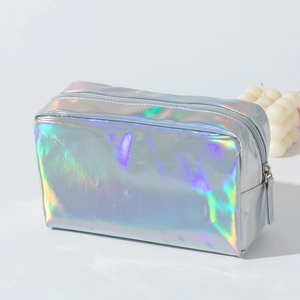 Detailed side view of holographic PU laser makeup bag with smooth zipper and rainbow glow