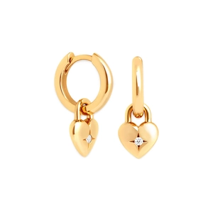 Elegant gold heart earrings with zircon stars on S925 silver needles in high polish finish