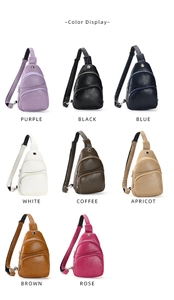 Color palette display of cross body chest bags in eight diverse PU leather variants