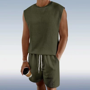 Men's summer casual two-piece set with dark green sleeveless checkered vest and shorts