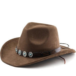 Western Cowboy Hat Faux Suede Vintage Ethnic Leather Band Turquoise Studded Wide Brim Fedora For Men Women