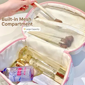 Trousse de maquillage matelassée avec nœud, grande capacité et rangement en filet