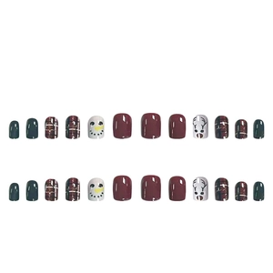 Christmas press-on nails set with red plaid, elk and snowman designs on 24 pieces