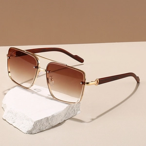 Square double bridge sunglasses with wood grain temples and gradient brown lenses