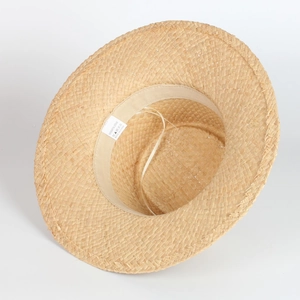 French style wide brim flat top raffia straw hat with adjustable inner strap for beach