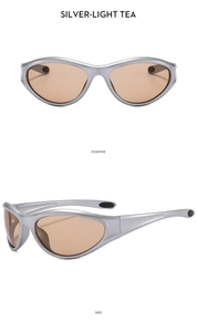 Front and side views of silver Y2K sports sunglasses with light tea lenses and sleek frames
