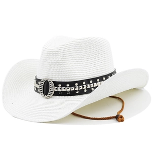 White straw cowboy hat with black studded band and brown chin strap for beach outdoor sun wear