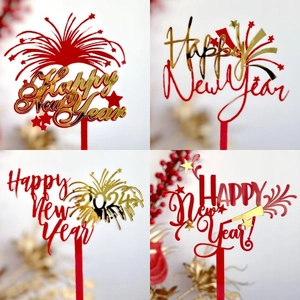Acrylic Happy New Year 2026 Cake Topper Mirror Red Gold Festive Party Decoration Dessert Insert Star Firework