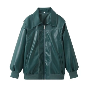 Deep green PU leather biker jacket with white contrast stitching and a full zip closure