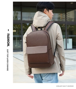 Side view of a premium brown cowhide leather backpack worn by a model in an urban setting