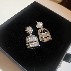 Elegant birdcage hollow earrings with pearls and crystals in a velvet jewelry box