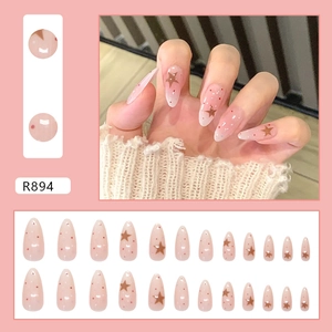 Star pattern gradient press-on nails in long almond shape with pink jelly base 24pcs