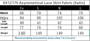 Größentabelle für asymmetrischen Satinrock mit Maßen für Taille, Hüfte und Rocklänge