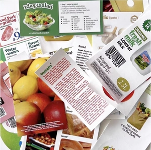 Detailed collage of food journal stickers featuring nutritional info and salad recipes