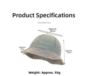 Détails de taille du chapeau bob en jean avec circonférence de 58cm et bord de 6cm