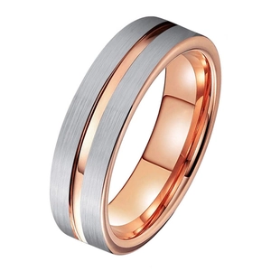 Two-tone brushed silver and rose gold tungsten ring with center groove and polished interior
