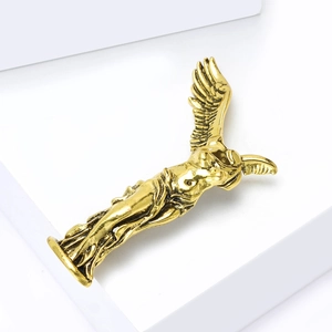 Golden Winged Nike Goddess brooch in a white gift box with premium metallic finish