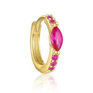 Macro shot of gold huggie earrings with marquise-cut pink stones and polished finish