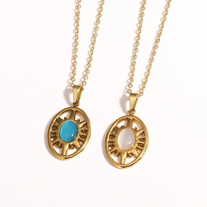 Vintage titanium steel 14K gold plated necklace with blue and white natural stone pendants