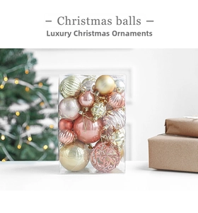 Detail of elegant pink and rose gold Christmas balls in various finishes and textures