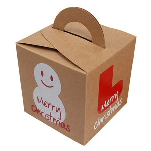 Brown kraft Christmas gift box with snowman print and handle on white background