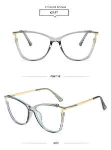 Detail view of grey cat-eye TR90 frames with gold metal temples from multiple angles