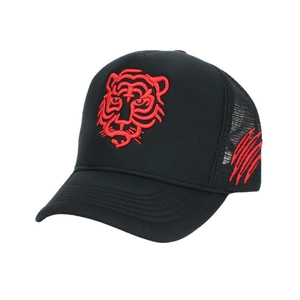 Classic black trucker hat with red tiger embroidery and breathable mesh back for men and women