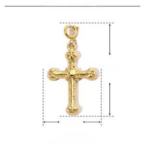 Detailed view of golden stainless steel cross pendant with retro patterns and dimensions