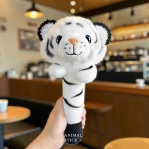 Plush white tiger head handheld stick toy for kids featuring soft faux fur and blue eyes