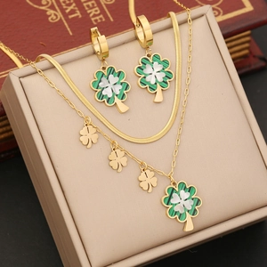 Clover Pendant Double Layer Necklace Stainless Steel Gold Plated Enamel Inlay Fashion Jewelry For Women