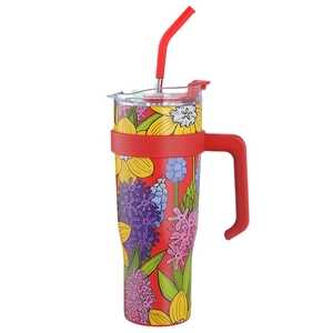 40oz stainless steel insulated tumbler with red floral pattern and handle straw