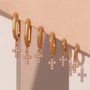 Classic gold-plated U-shaped hoop earrings set with micro-paved zircon cross pendants