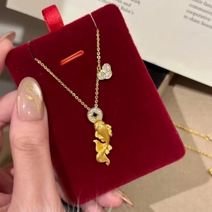 24k gold-plated koi fish and ruyi pendant necklace with sparkling zircon crystals