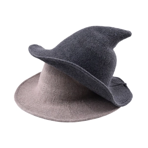 Knitted pointed wizard hats in grey and brown with textured weave and wavy brim