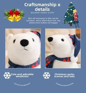 Close-up of plush Christmas polar bear with blue snowflake hat and heart scarf