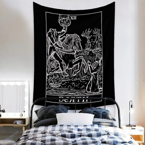 Detail of Halloween death tarot tapestry with headless horseman on bedroom wall