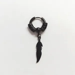 Macro detail of matte black stainless steel earring featuring a textured feather pendant