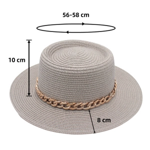 Detailed dimensions of grey woven sun hat with golden chain, brim 8cm, height 10cm
