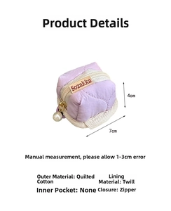 Detailed view of purple quilted cotton earphone case with pearl zipper and 7x4cm dimensions